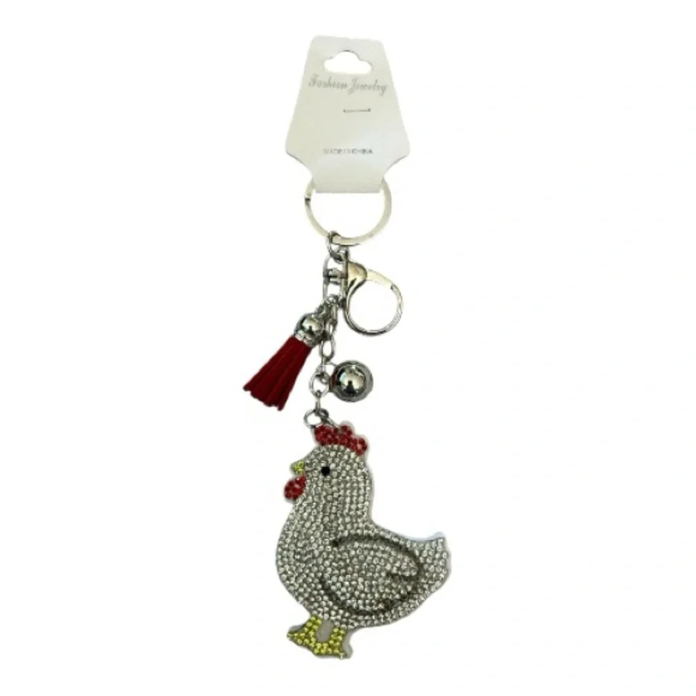 Rhinestone Chicken Keychain with Red Tassel